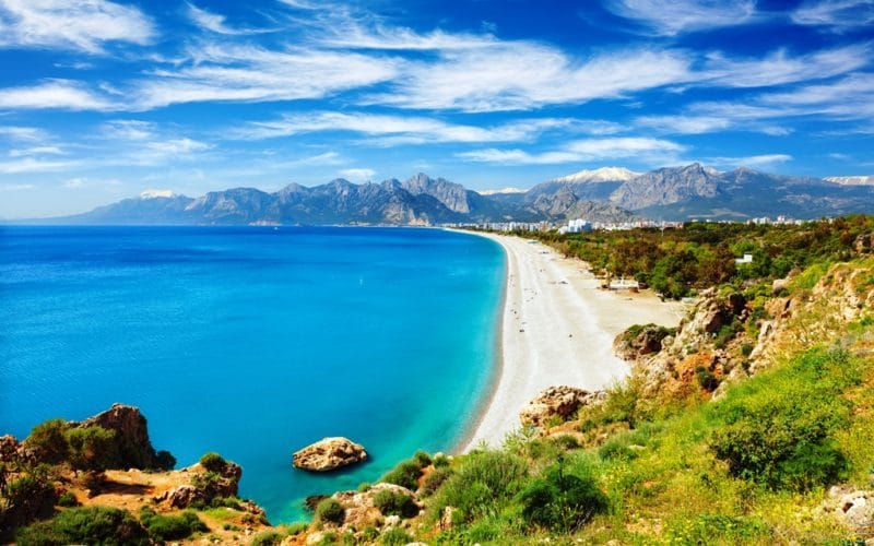 aerial view of beautiful blue gulf and long konyaalti beach in antalya, turkey.