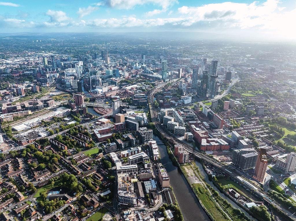 aerial view of manchester city in uk