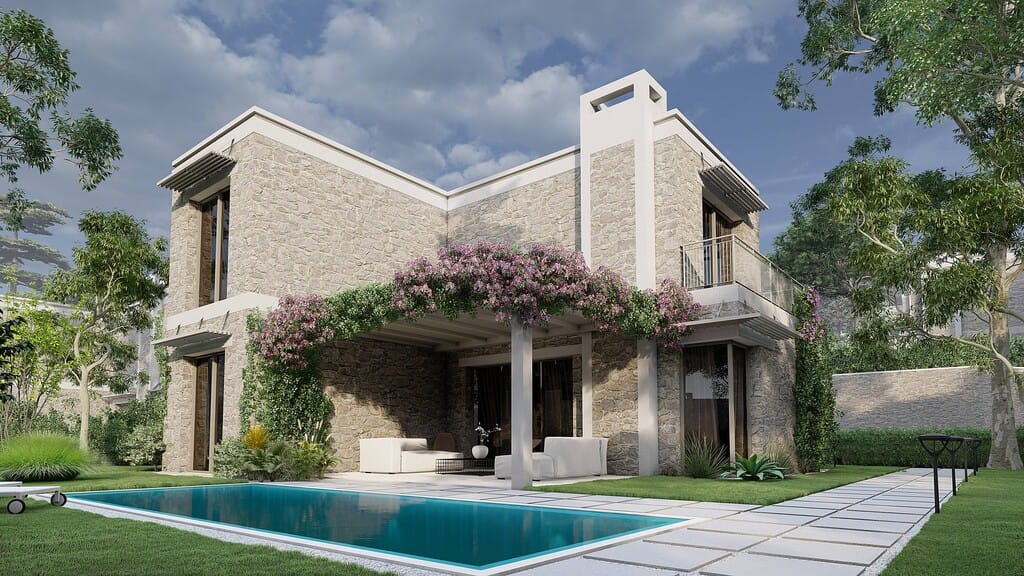 Stone-clad Bodrum villa exterior with bougainvillea-draped pergola and private pool in Torba