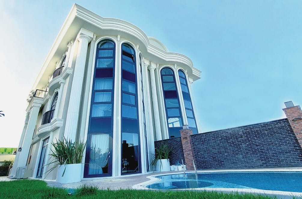 Neoclassical Istanbul villa exterior with private pool in the Buyukcekmece district