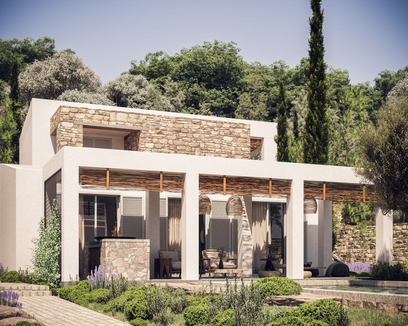 Stone-and-stucco Cyprus villa exterior with shaded verandah and Mediterranean garden in Argaka